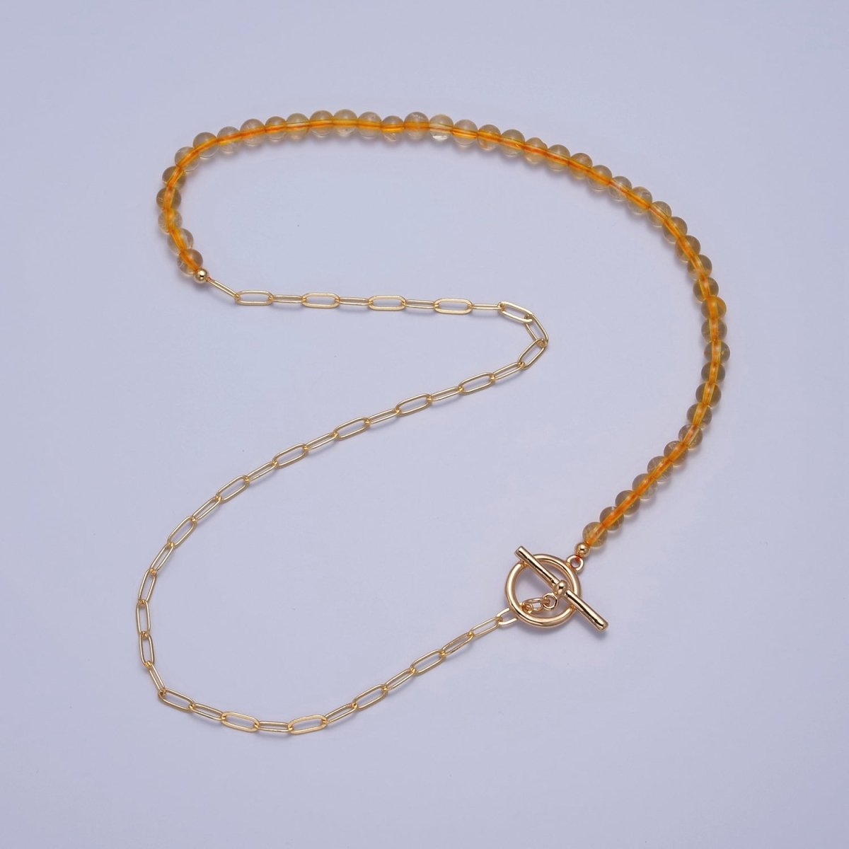 Dainty Half Bead Half Link Chain Necklace, 24k Gold Filled Paperclip Chain with Yellow Quartz Necklace | WA-963 Clearance Pricing