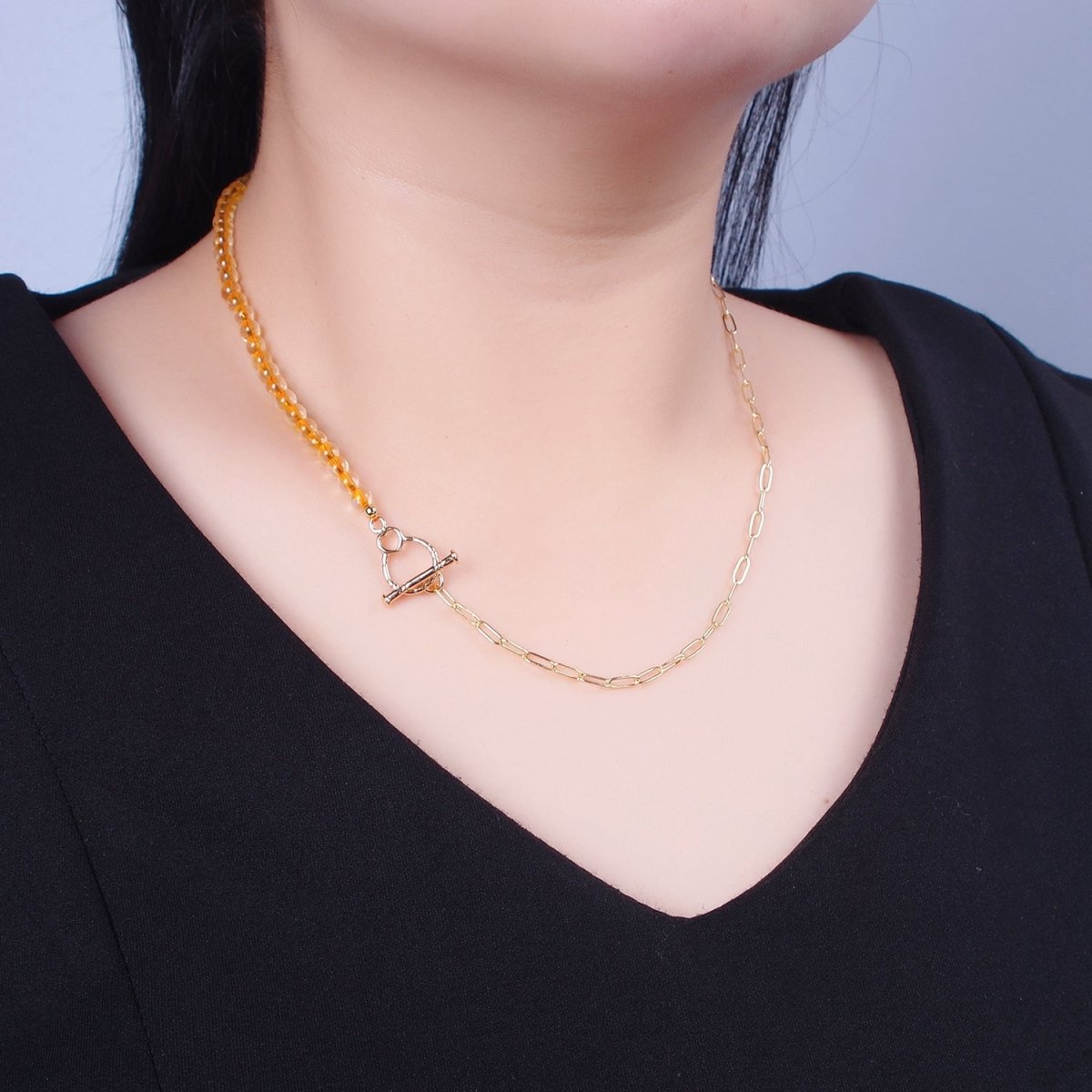 Dainty Half Bead Half Link Chain Necklace, 24k Gold Filled Paperclip Chain with Yellow Quartz Necklace | WA-964 Clearance Pricing