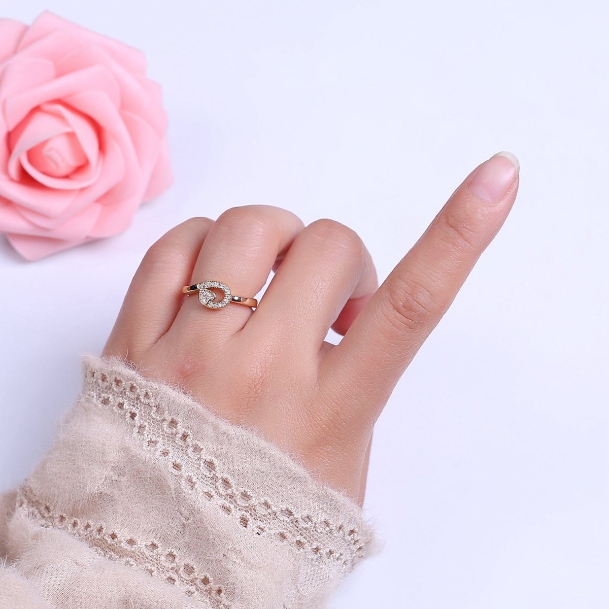 Dainty Heart 14k Gold Filled Ring Clear Micro Pave Cubic Zirconia Setting Dainty Jewelry S-534