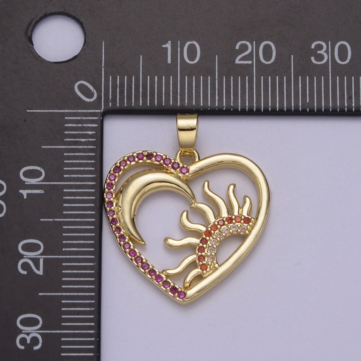Dainty Heart Pendant with Crescent Moon Sun Ray Celestial Jewelry Charm N-594