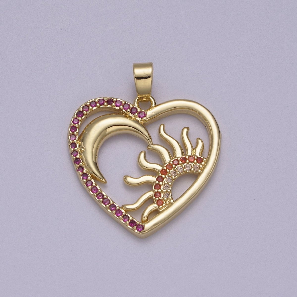 Dainty Heart Pendant with Crescent Moon Sun Ray Celestial Jewelry Charm N-594
