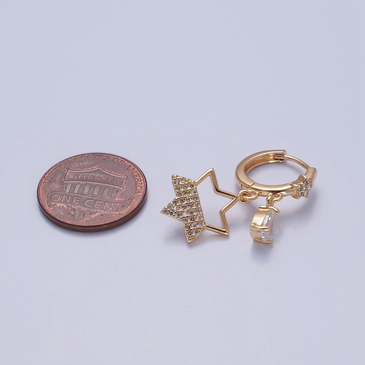 Dainty Huggie Earring with Star Charm and Tear Drop CZ Stone V-433