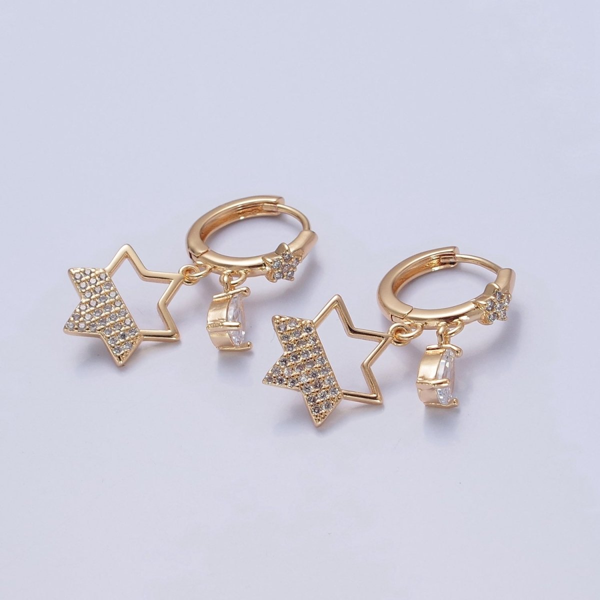 Dainty Huggie Earring with Star Charm and Tear Drop CZ Stone V-433