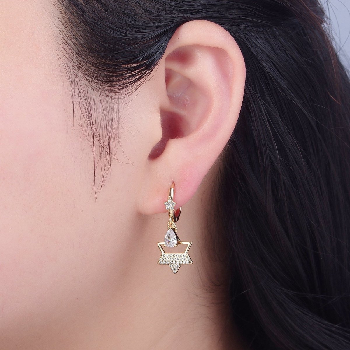 Dainty Huggie Earring with Star Charm and Tear Drop CZ Stone V-433