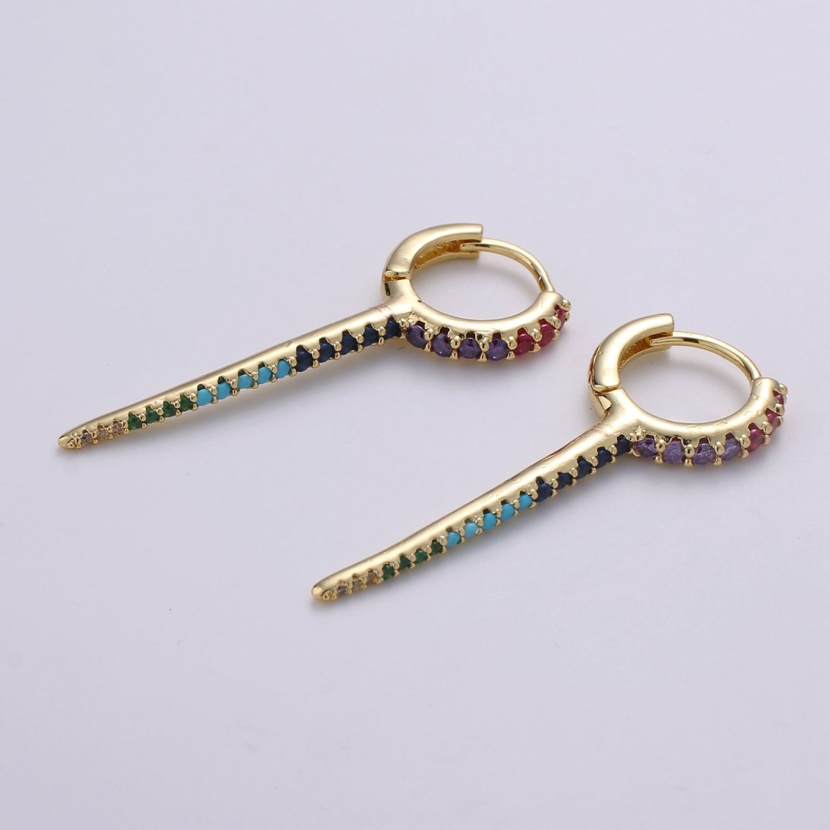 Dainty Huggie earrings, spike earrings, Multi Color hoop earrings, Long Gold Micro Pave Spike Earring Minimal Jewelry Q-165 - Q-171