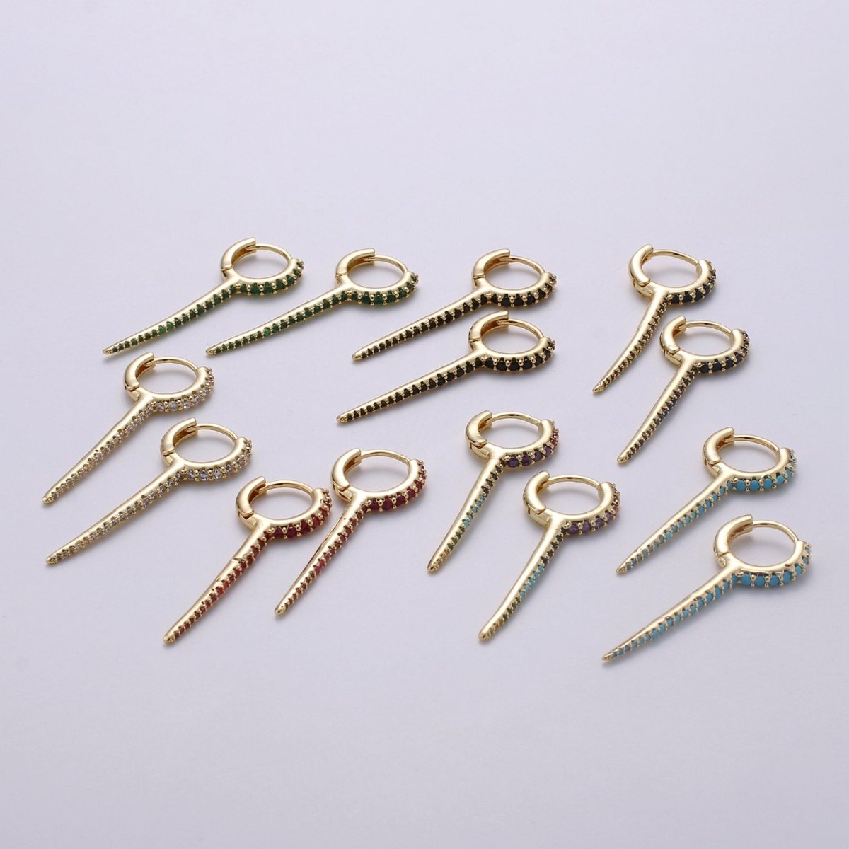 Dainty Huggie earrings, spike earrings, Multi Color hoop earrings, Long Gold Micro Pave Spike Earring Minimal Jewelry Q-165 - Q-171