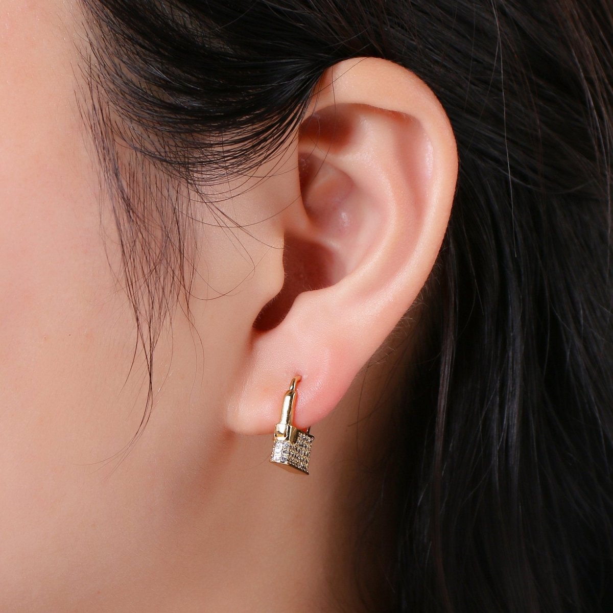 Dainty Huggie padlock Earrings, CZ Hoop Earrings, Gold Hoop PADLOCK Earrings, Micro Pave gold lock earrings, Love Lock Jewelry K-593