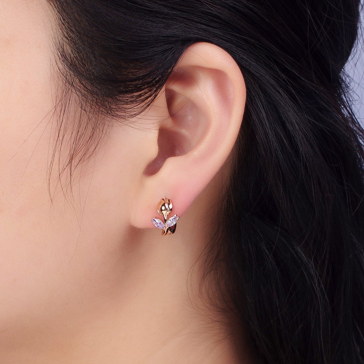 Dainty Huggie Rose CZ Stone Micro Pave Flower Leaf Cz Earring in 18k Gold Filled AB1028