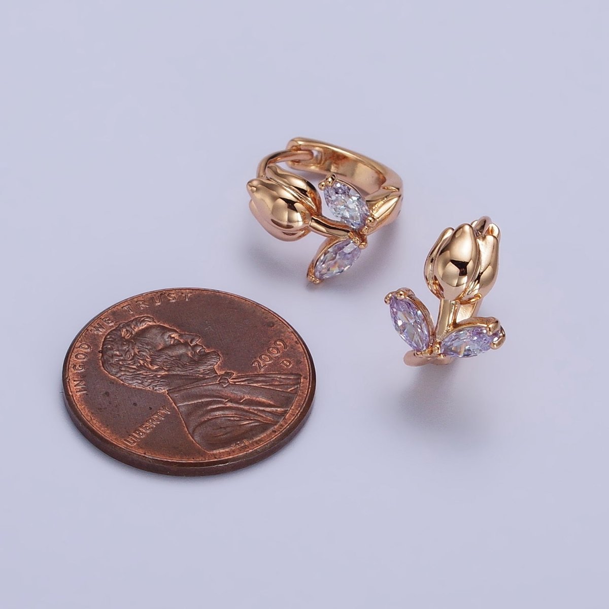 Dainty Huggie Rose CZ Stone Micro Pave Flower Leaf Cz Earring in 18k Gold Filled AB1028