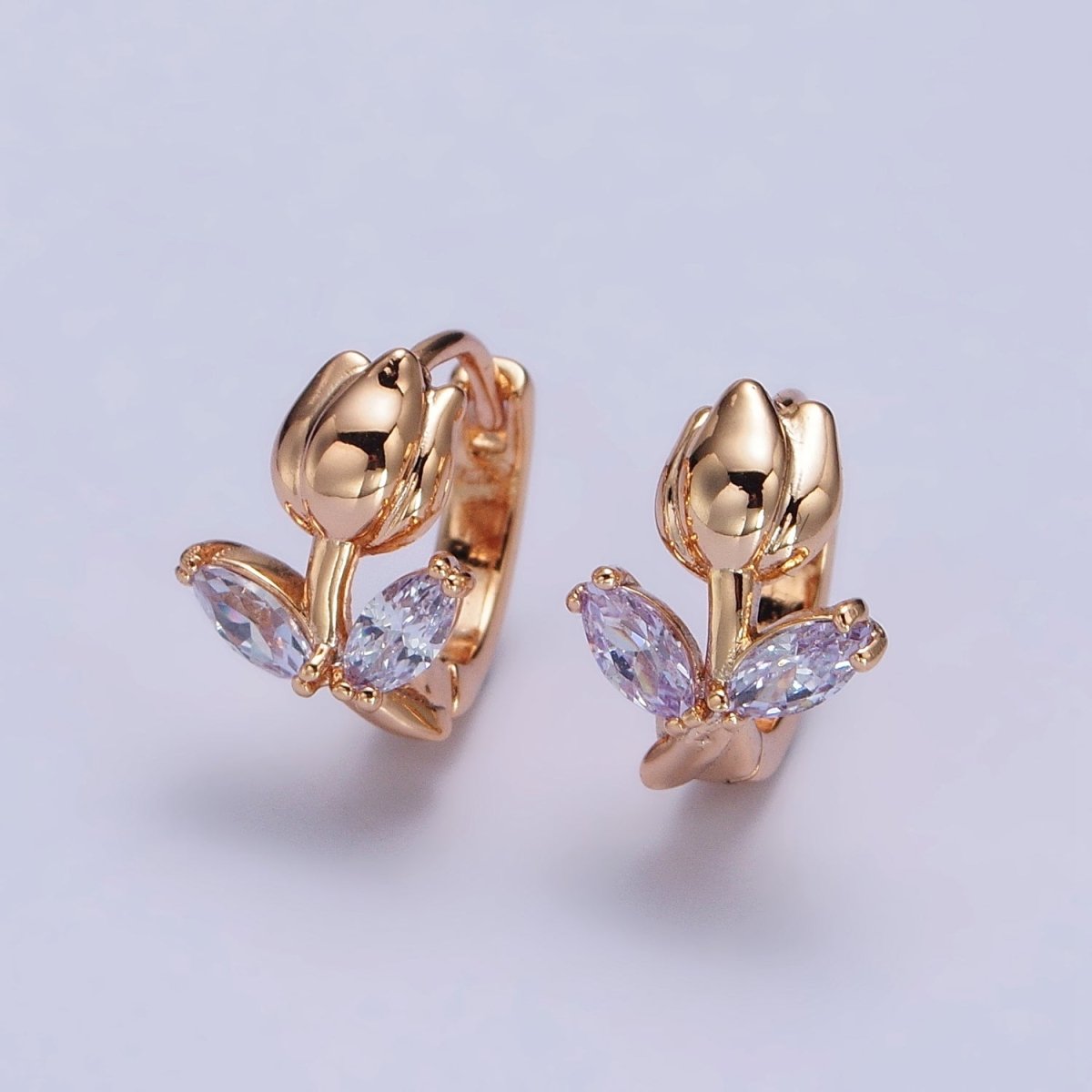 Dainty Huggie Rose CZ Stone Micro Pave Flower Leaf Cz Earring in 18k Gold Filled AB1028