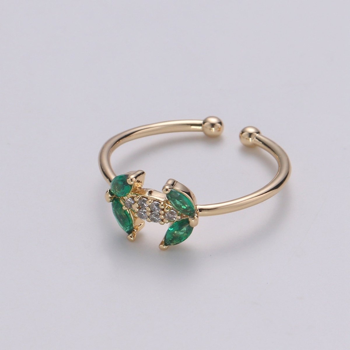 Dainty Leaf CZ Ring - 14k Gold Ring - Green Zirconia Ring - Gold Open Ring - Minimalist Ring Adjustable Layering Stacking Ring | R-140
