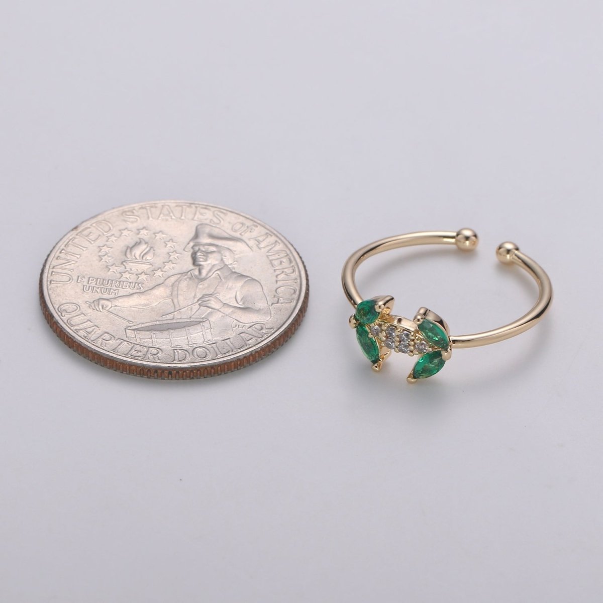 Dainty Leaf CZ Ring - 14k Gold Ring - Green Zirconia Ring - Gold Open Ring - Minimalist Ring Adjustable Layering Stacking Ring | R-140