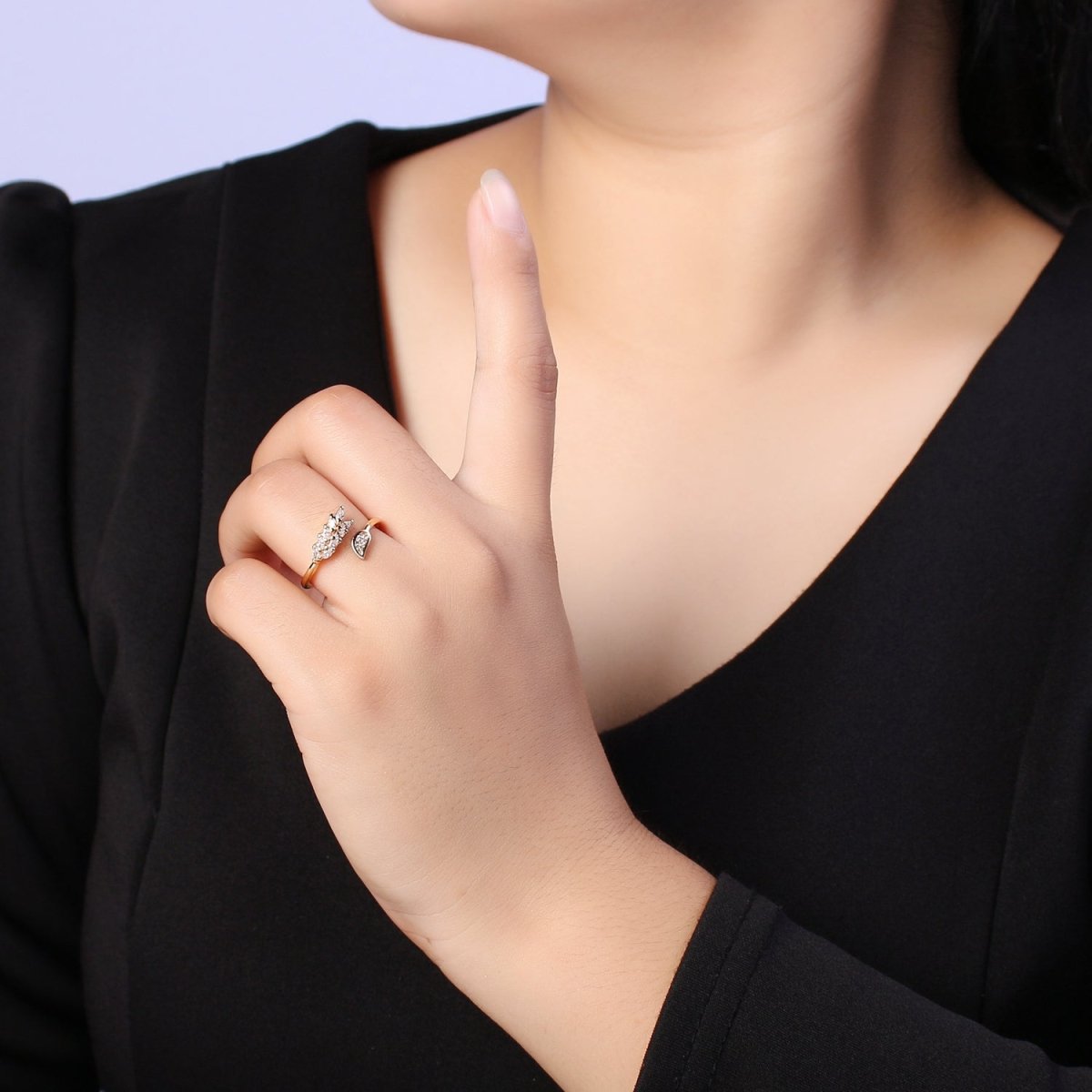 Dainty Leaf Ring Open Adjustable Micro Pave Ring for Minimalist Jewelry U-034
