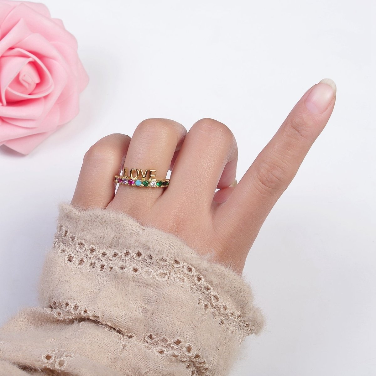 Dainty Love Script with Color CZ Stone Ring Gold Ring O-2108