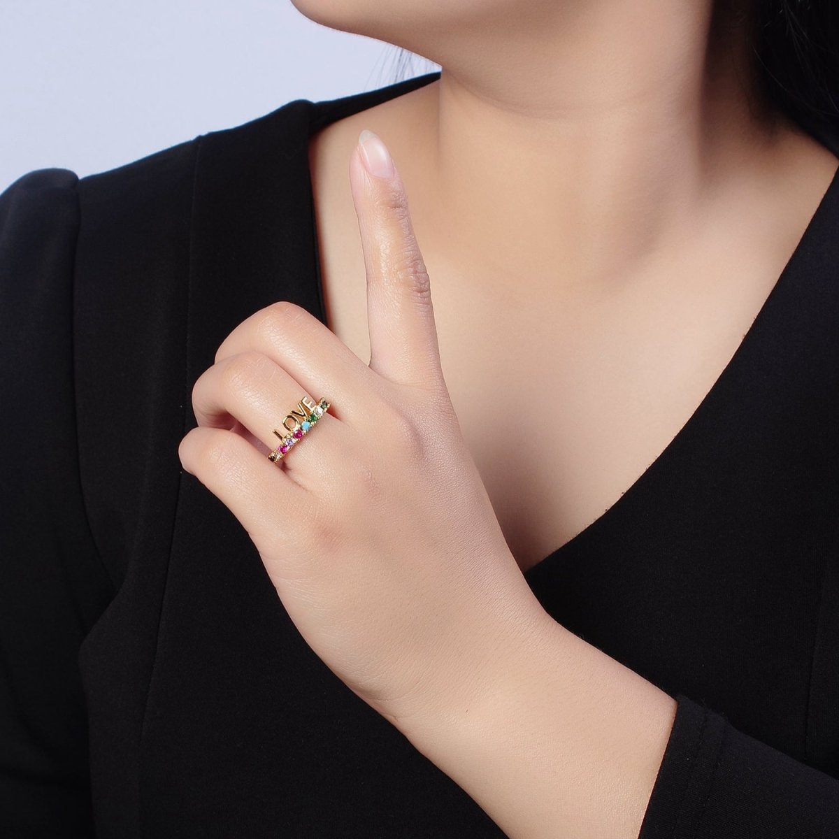 Dainty Love Script with Color CZ Stone Ring Gold Ring O-2108