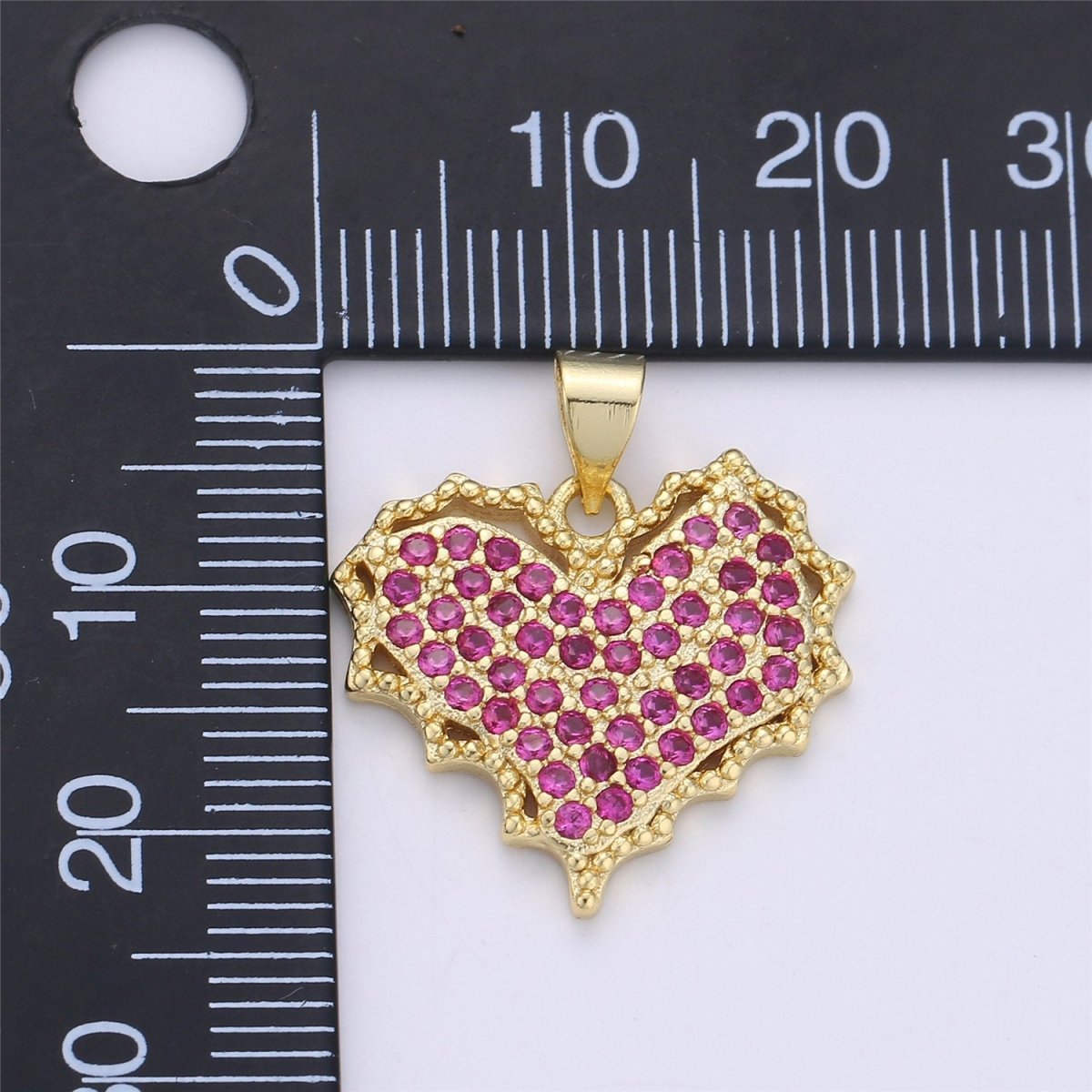 Dainty Magenta Micro Pave Heart Charm, Cubic Heart Shape Charm Gold Love Charm 25mm x 20mm for bracelet necklace earring charm Component I-356