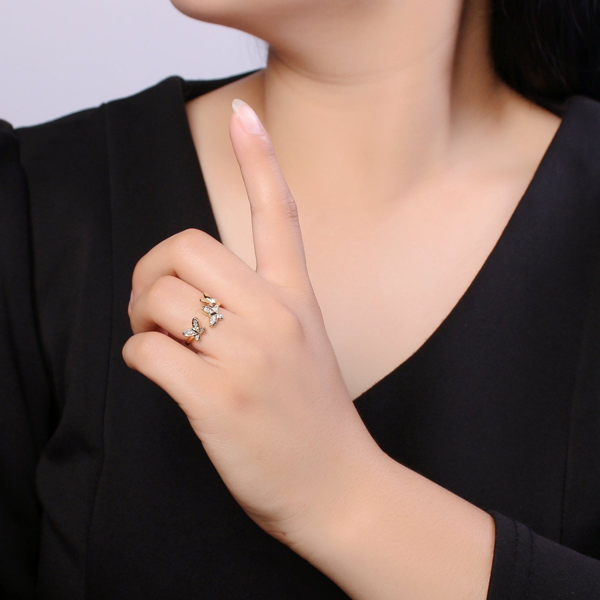 Dainty Mariposa Ring with Gold Cz Butterfly Open Adjustable Ring O-960