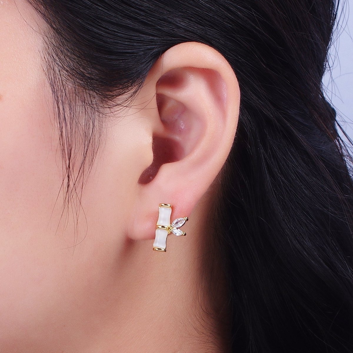 Dainty Marquise Cubic Zirconia White Cats Eye Bamboo Stud Earrings | AD-153