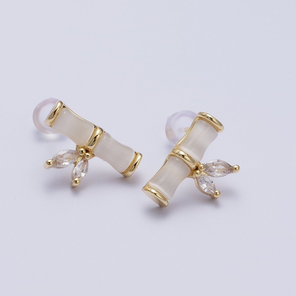 Dainty Marquise Cubic Zirconia White Cats Eye Bamboo Stud Earrings | AD-153