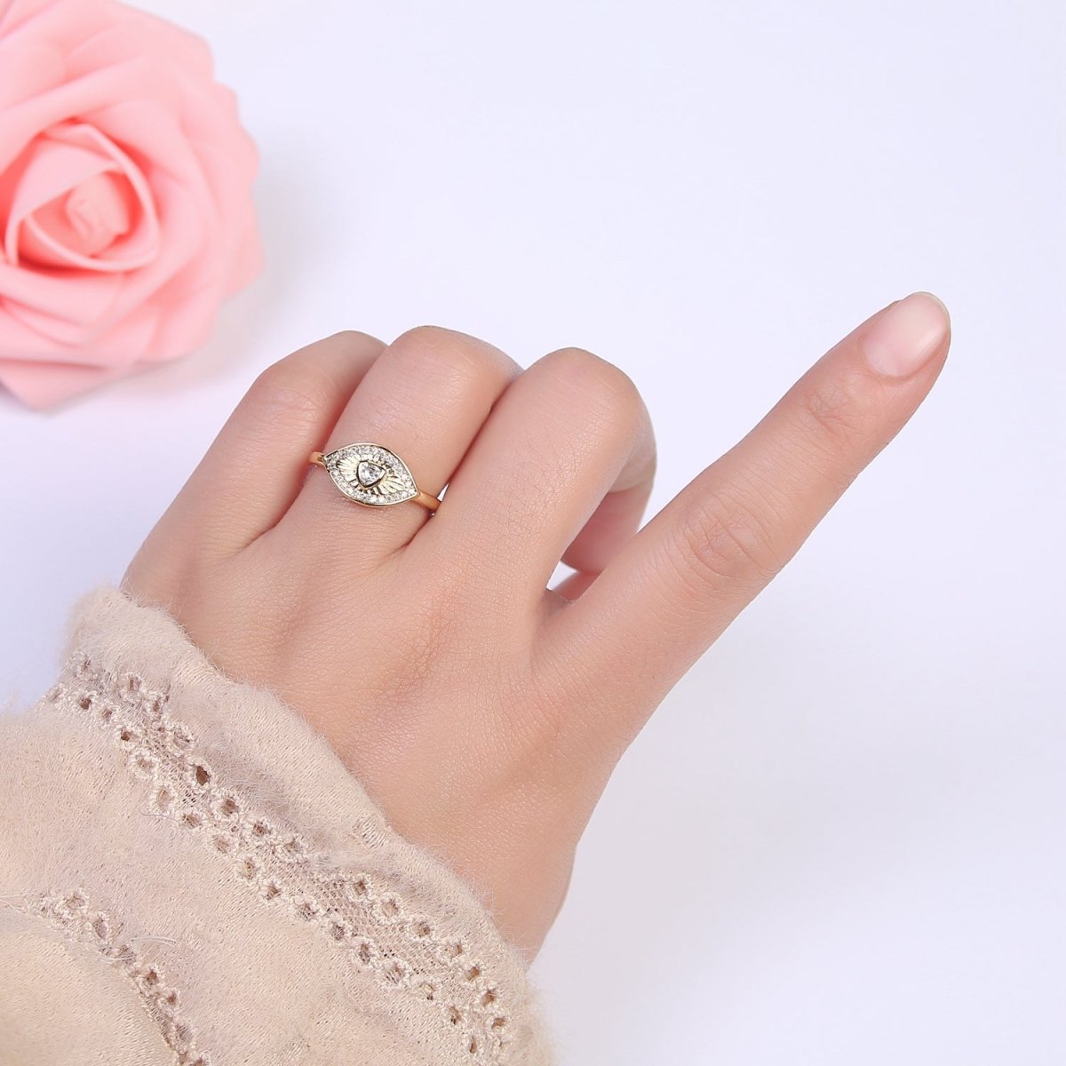 Dainty Micro Pave Cubic Zirconia Evil Eye Stackable Adjustable 24K Gold Filled Ring U-517 ~ U-520