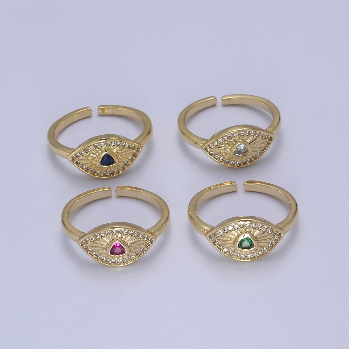 Dainty Micro Pave Cubic Zirconia Evil Eye Stackable Adjustable 24K Gold Filled Ring U-517 ~ U-520