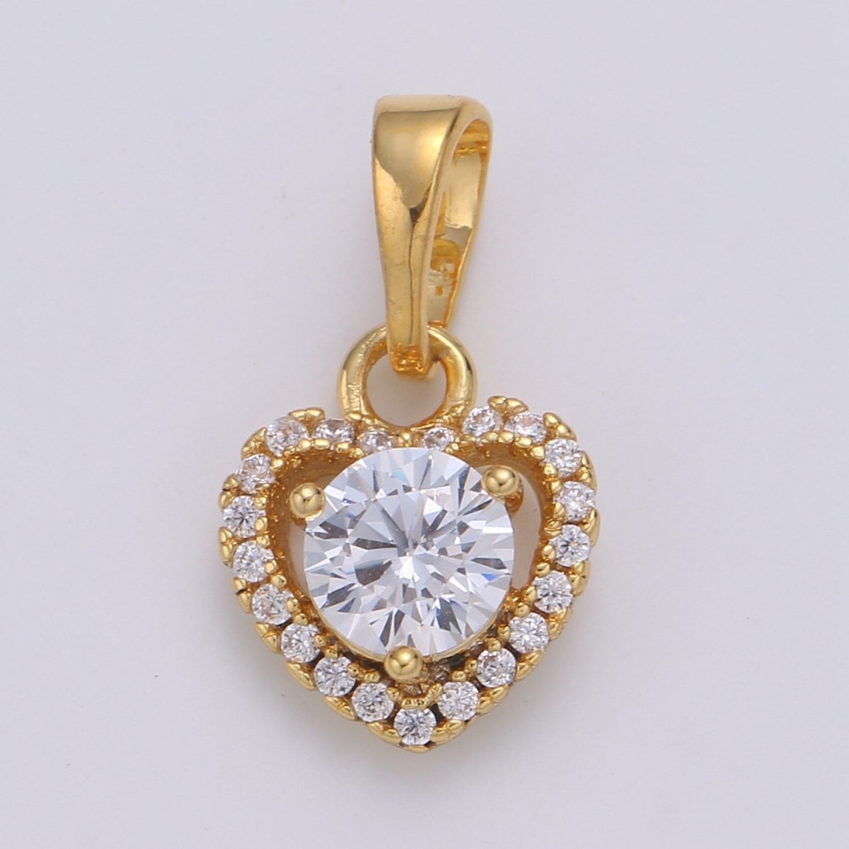 Dainty Micro Pave Heart Pendant with Big Clear CZ, Cubic Zirconia Solitaire Love Charm for Valentine Jewelry Gift Making Supply Necklace J-223