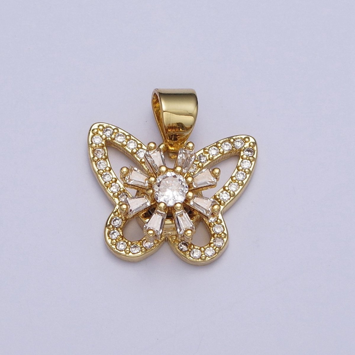 Dainty Micro Paved Butterfly Insect Pendant, Baguette Clear Cubic Zirconia Flower Mariposa Pendant For Jewelry Making | X-474