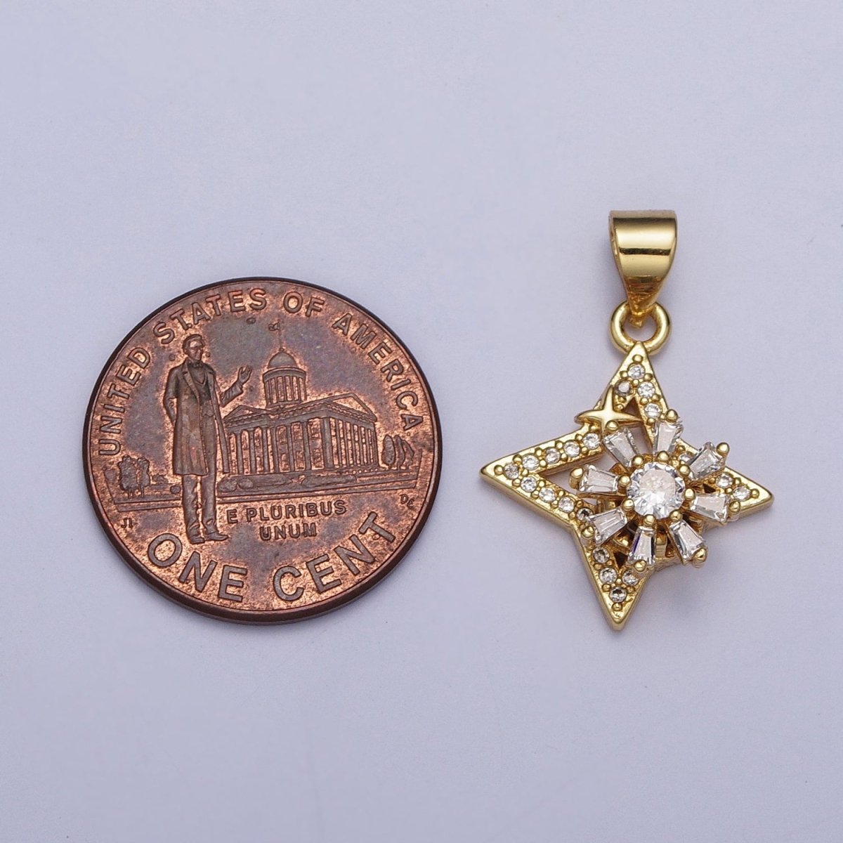 Dainty Micro Paved Celestial Star with Flower Baguette Cubic Zirconia Pendant For Jewelry Making | X-472