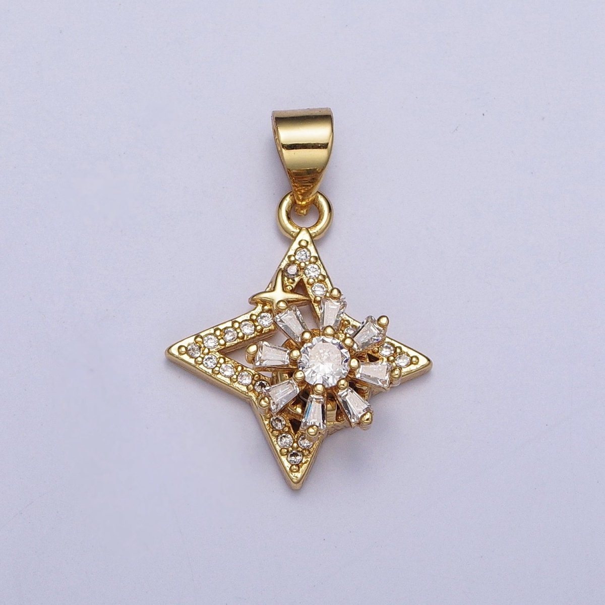 Dainty Micro Paved Celestial Star with Flower Baguette Cubic Zirconia Pendant For Jewelry Making | X-472