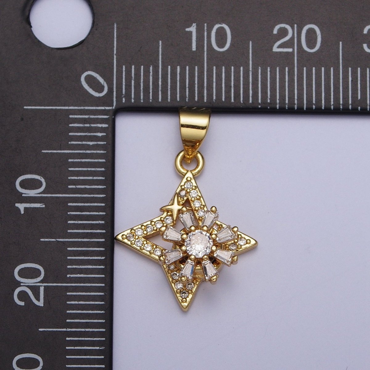 Dainty Micro Paved Celestial Star with Flower Baguette Cubic Zirconia Pendant For Jewelry Making | X-472