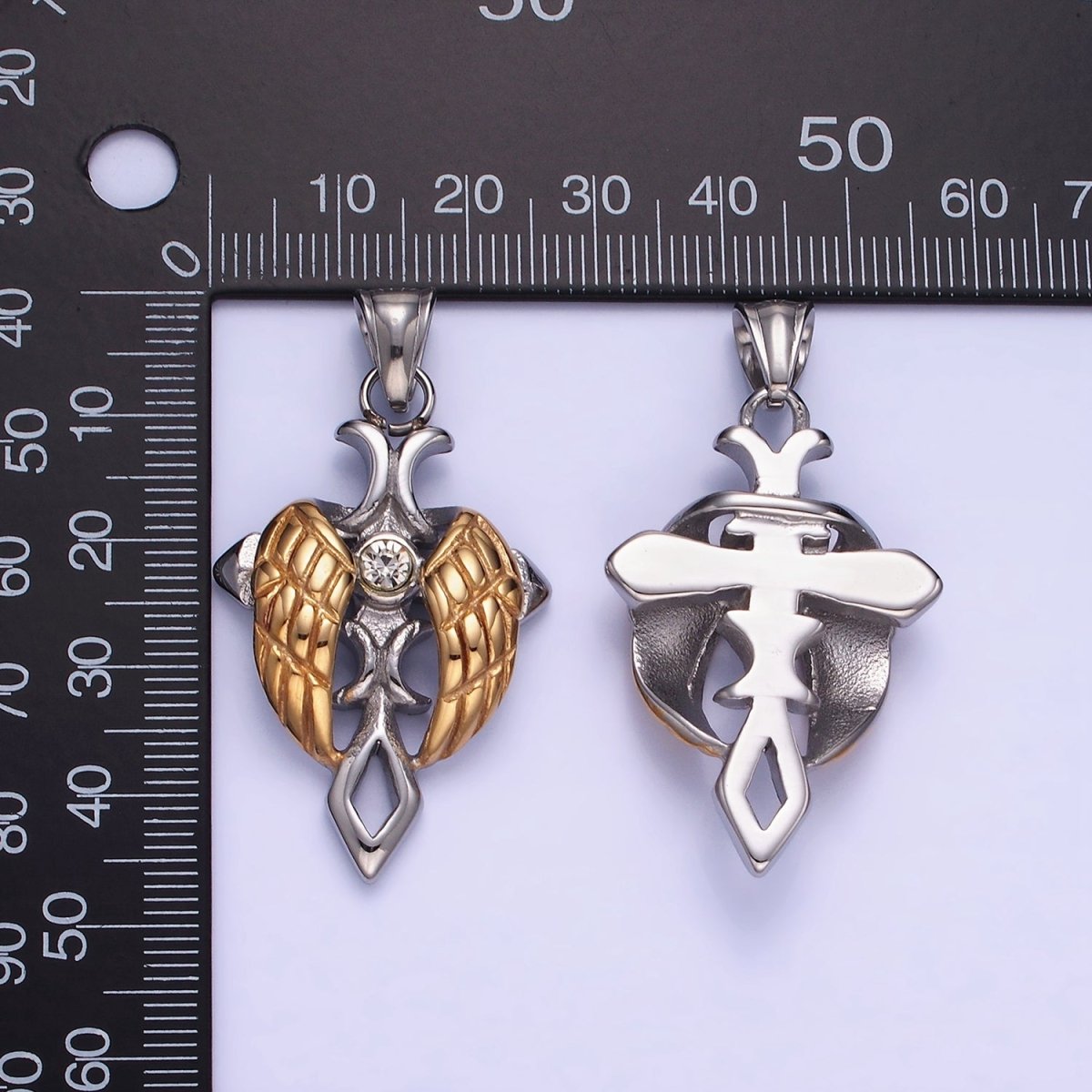 Dainty Mixed Metal Gold Winged Cross Pendant Stainless Steel Angel Wing Charm P1202