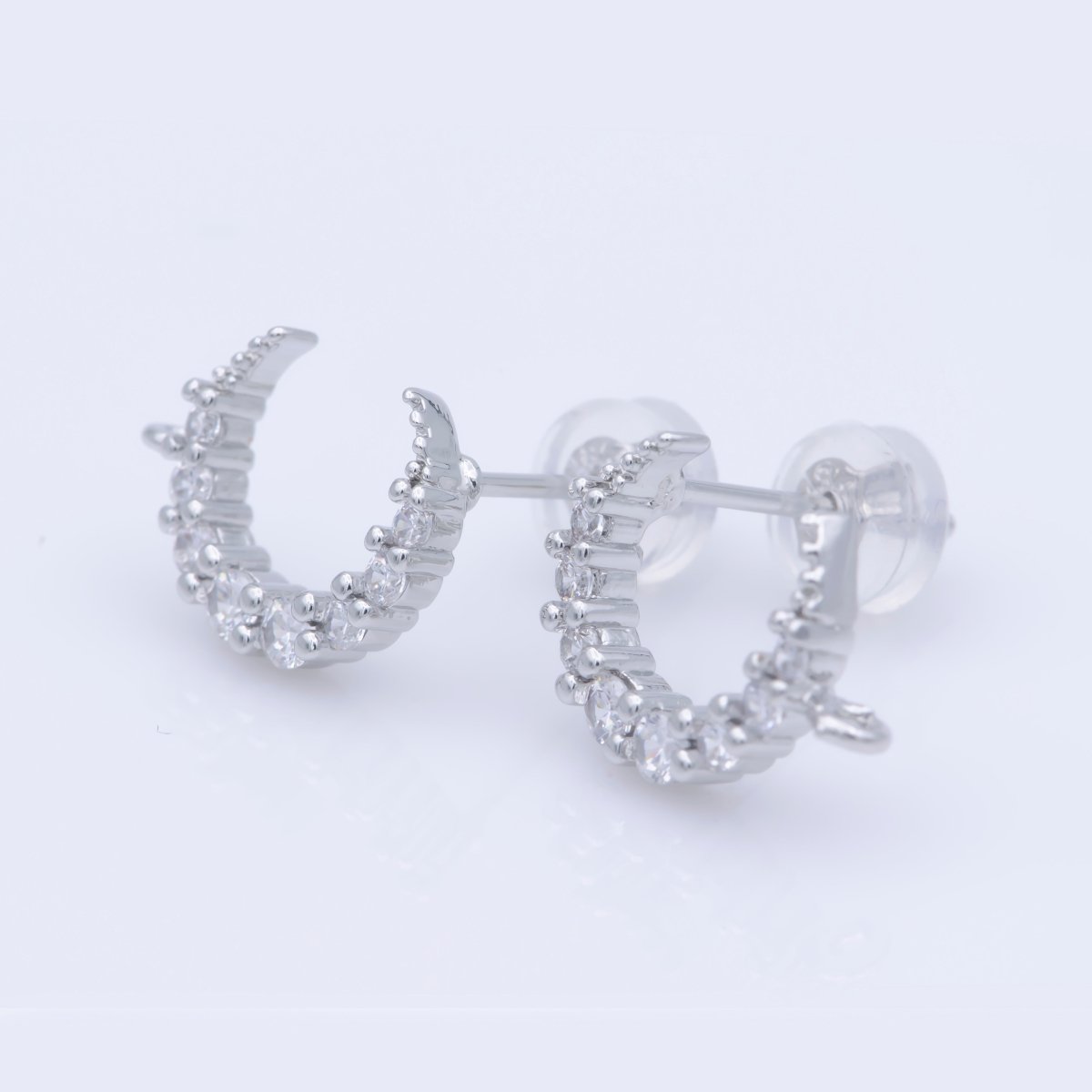 Dainty Moon Post Earring, Micro Pave Moon Stud with Open Link for Earring Jewelry Supplies Component in Silver Filled K-256