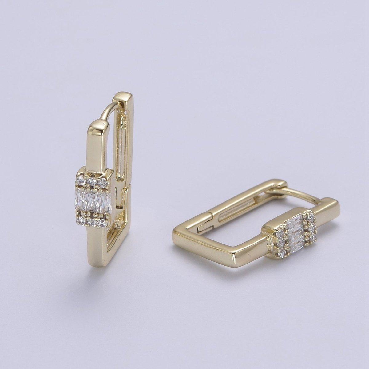 Dainty Oblong Rectangle Diamond cz Hoop Earring, Gold U Shape Hoop Earring V-149