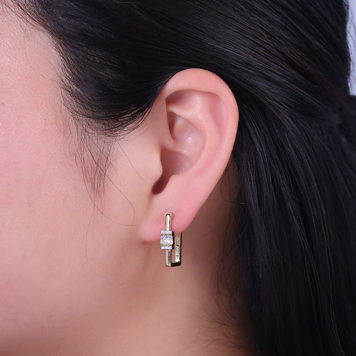 Dainty Oblong Rectangle Diamond cz Hoop Earring, Gold U Shape Hoop Earring V-149
