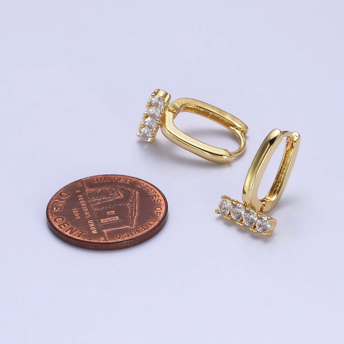 Dainty Oblong Rectangle Hoop Earring, Gold U Shape Huggie Hoop CZ Earrings AB192