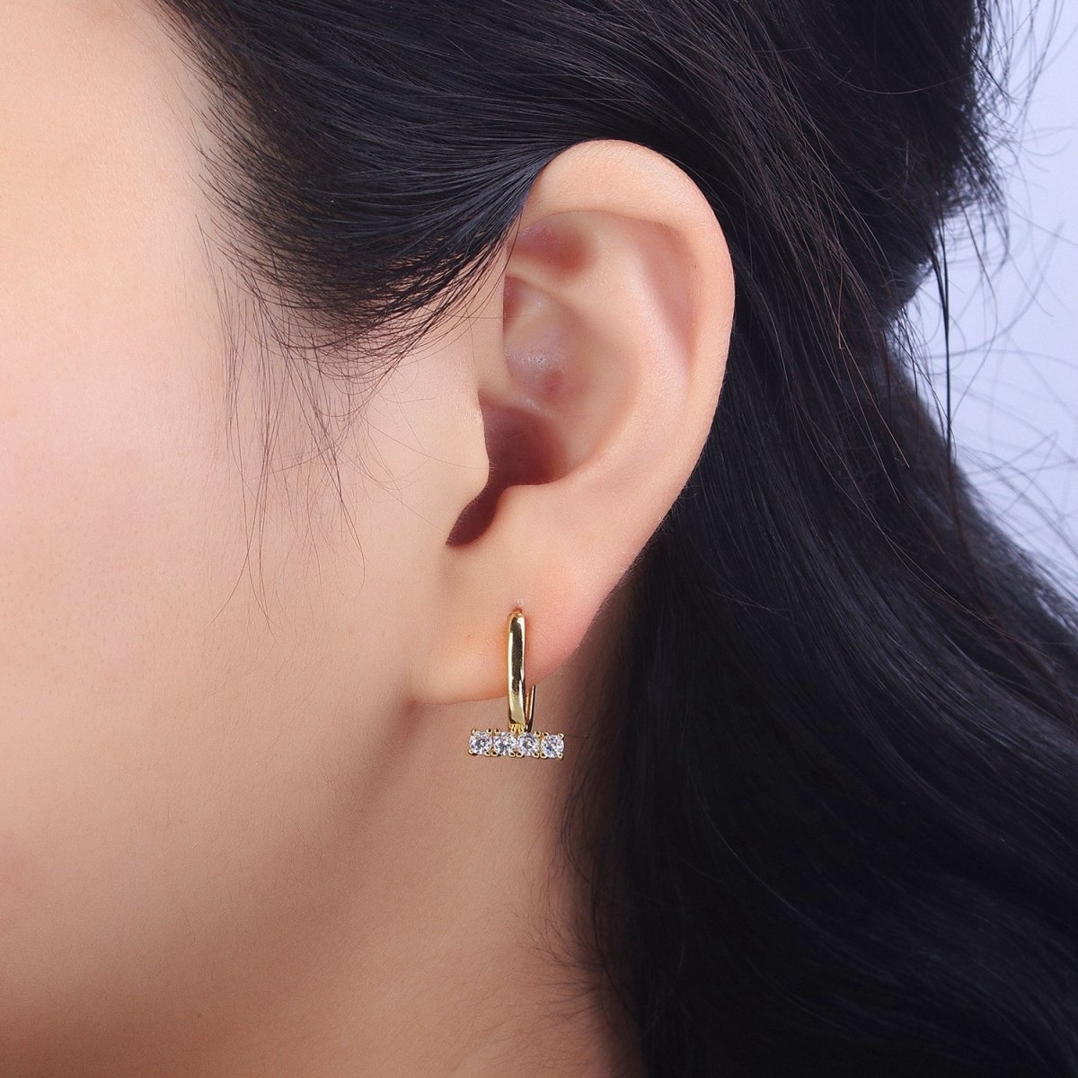 Dainty Oblong Rectangle Hoop Earring, Gold U Shape Huggie Hoop CZ Earrings AB192