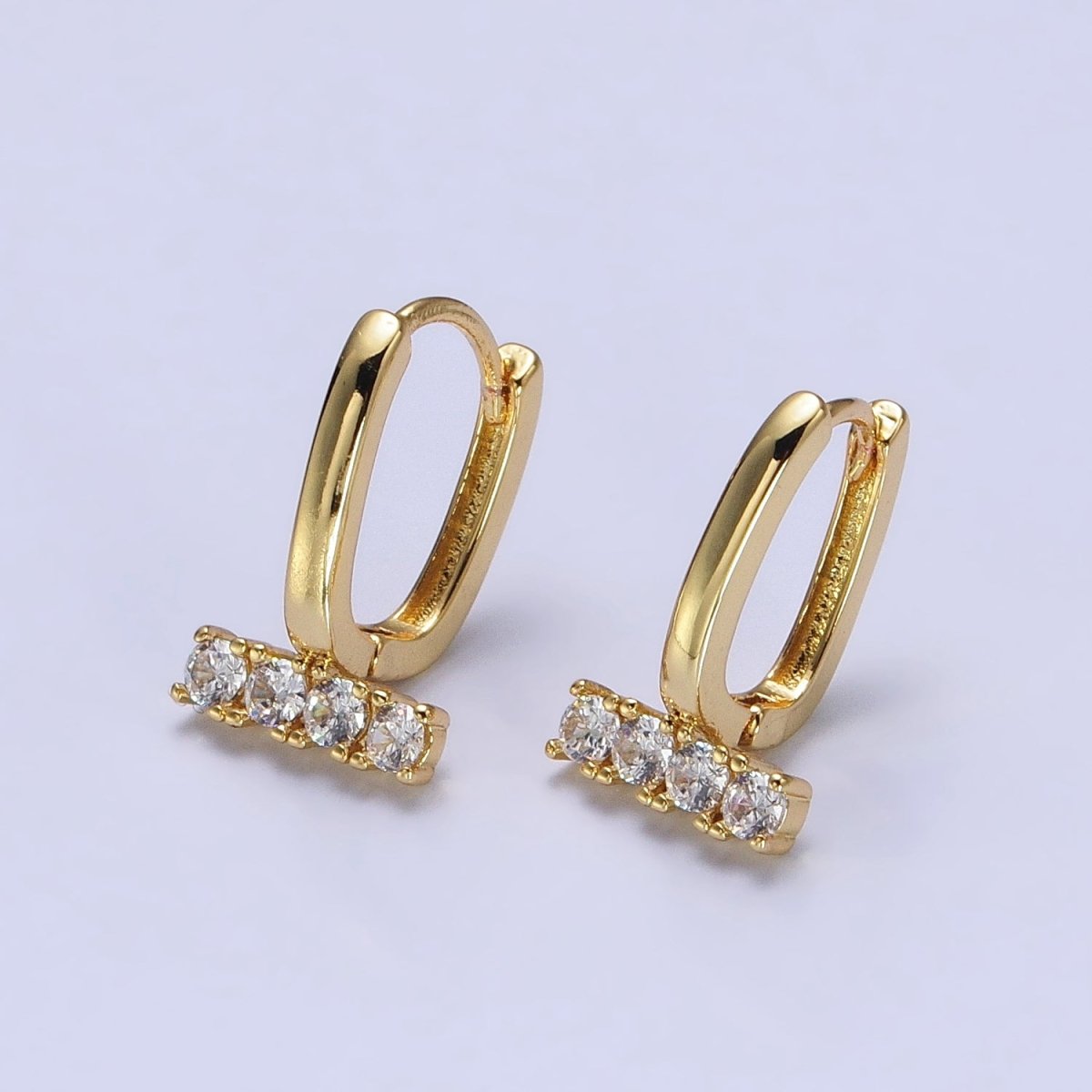 Dainty Oblong Rectangle Hoop Earring, Gold U Shape Huggie Hoop CZ Earrings AB192