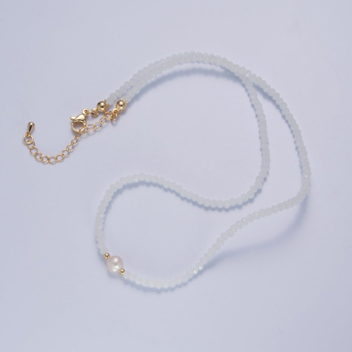 Dainty Pastel Color Glass Beaded Necklace Faceted Rondell Beads with Fresh Water Pearl Necklace | WA-1030 to WA-1033 Clearance Pricing