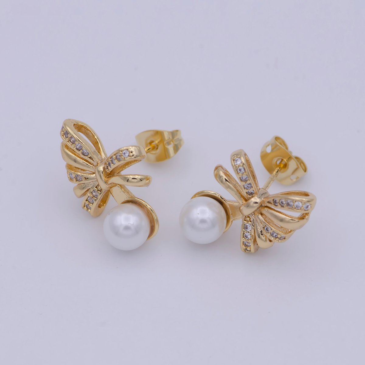 Dainty Pearl Bow Earring Stud with Cubic Zirconia Q-121