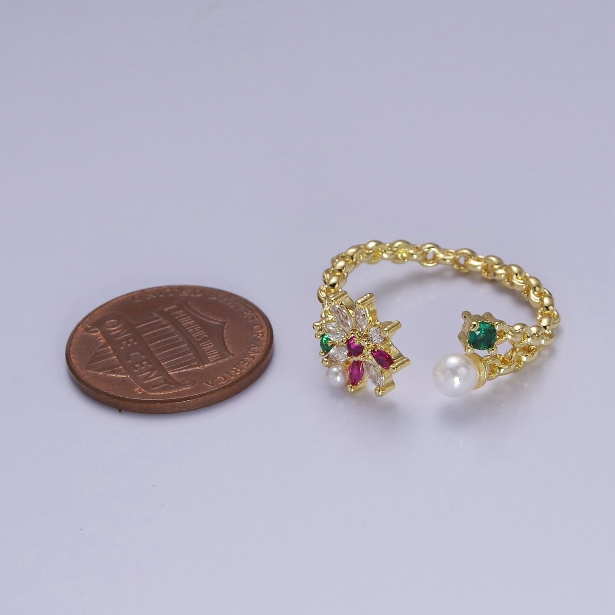 Dainty Pearl Flower Ring with Color Cz Stone O-2104