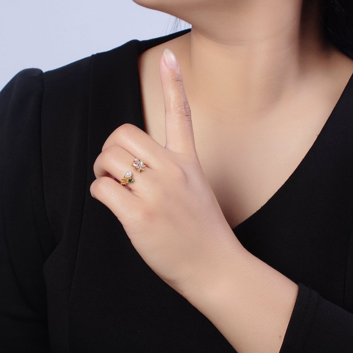 Dainty Pearl Flower Ring with Color Cz Stone O-2104