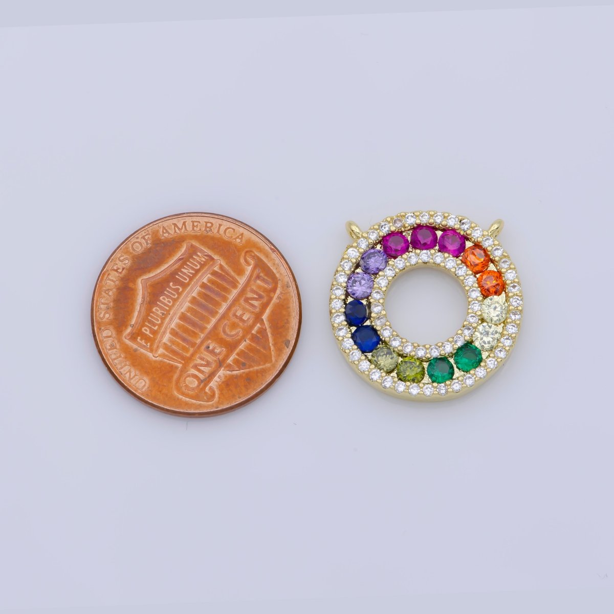 Dainty Pendant Rainbow Pink Fuschia Hot Pink Green White Diamond Blue Cubic Zirconia Gold Coin Disc Round Charm Necklace w/ double bail F-343
