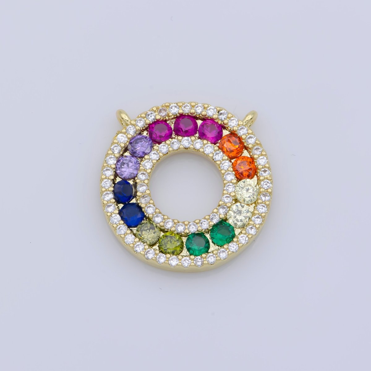 Dainty Pendant Rainbow Pink Fuschia Hot Pink Green White Diamond Blue Cubic Zirconia Gold Coin Disc Round Charm Necklace w/ double bail F-343