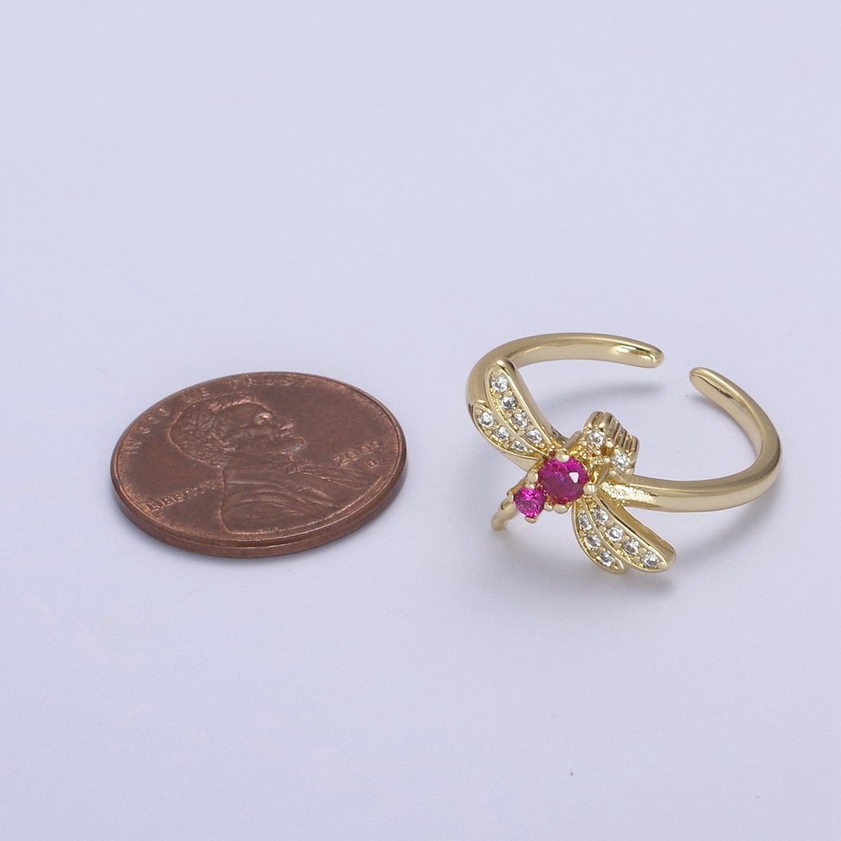 Dainty Pink Fuchsia Micro Pave Dragonfly Adjustable Ring, Minimalist 24K Gold Filled Nature Jewelry U-437