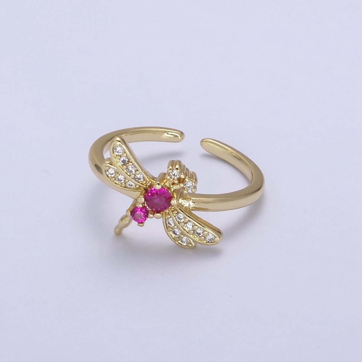 Dainty Pink Fuchsia Micro Pave Dragonfly Adjustable Ring, Minimalist 24K Gold Filled Nature Jewelry U-437