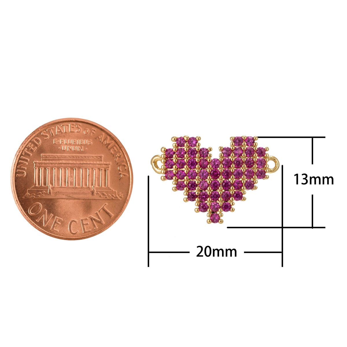 Dainty Pink Micro Pave Heart Charm, Cubic Heart Shape Charm Gold Love Charm Connector 13mm x 20mm for bracelet Connector F-309