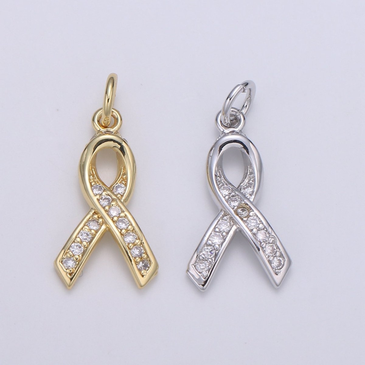 Dainty Pink Ribbon CZ Pave Charm Breast Cancer Awarness Pendant E-075