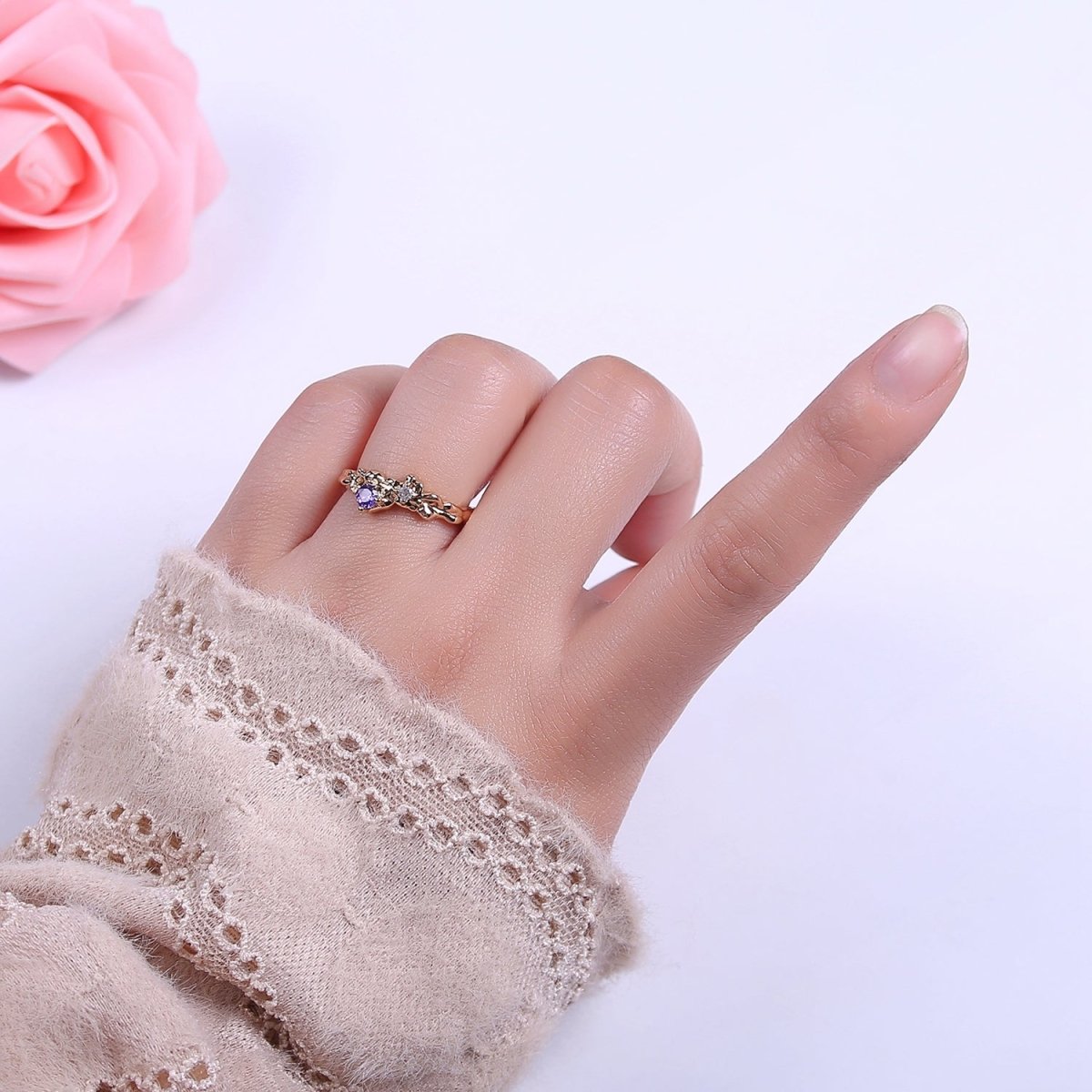 Dainty Purple Cz Ring Rustic Open Adjustable Ring S-460