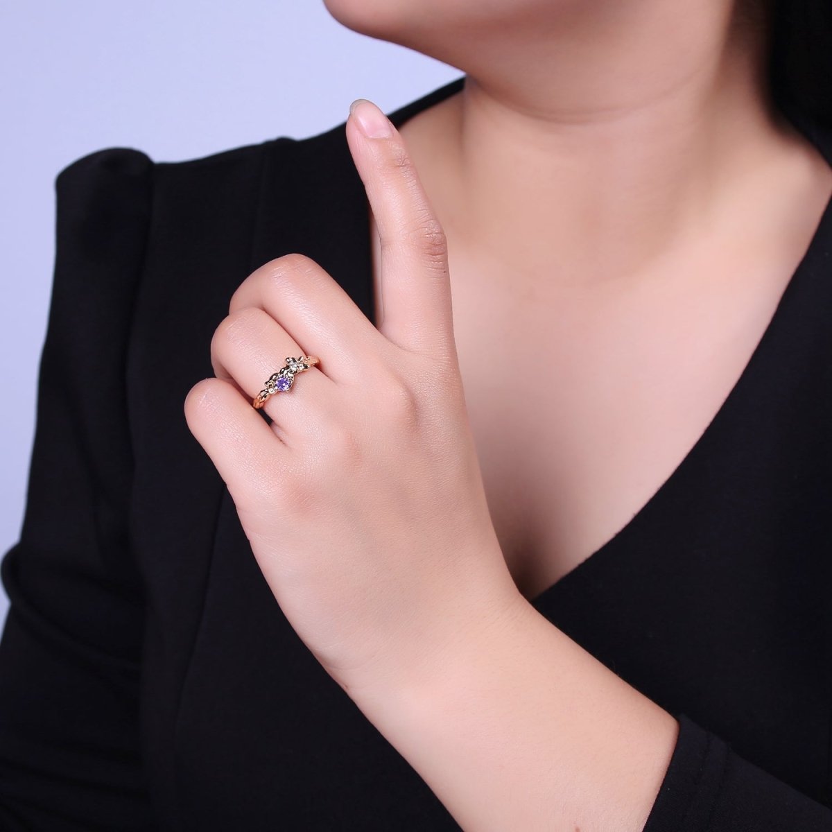 Dainty Purple Cz Ring Rustic Open Adjustable Ring S-460
