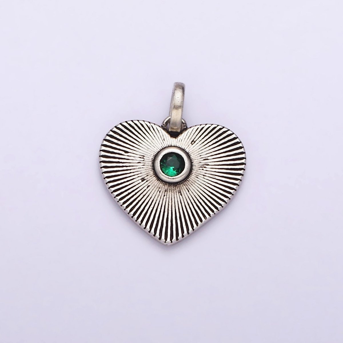Dainty Radial Heart Charm in 925 Sterling Silver Pendant with Green Micro Pave Medallion Jewelry SL-323